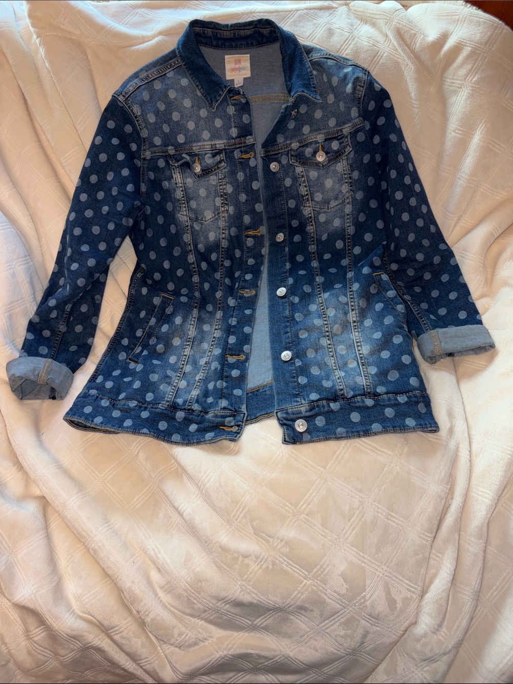 LuLaRoe Blue Polka Dot Heavy Denim Jacket Size Large